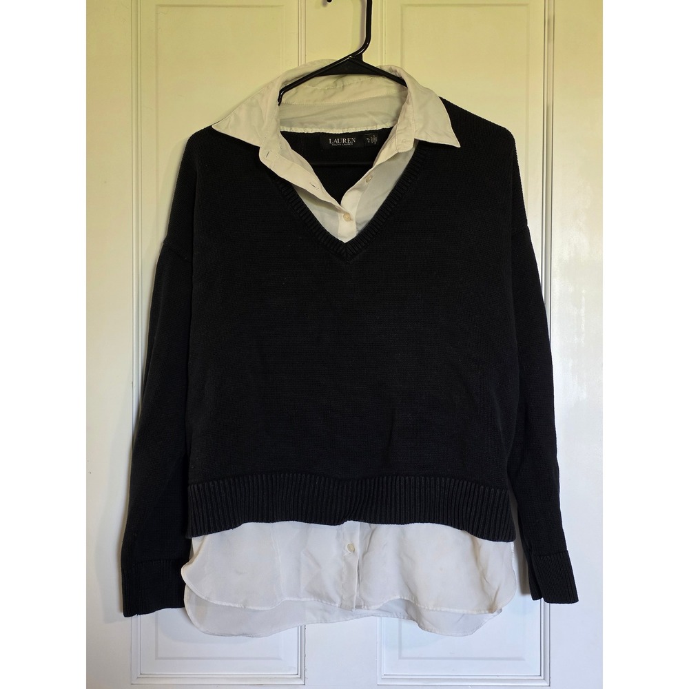 Lauren Ralph Lauren Black White Layered Look V-Neck Cotton Sweater Petite Large